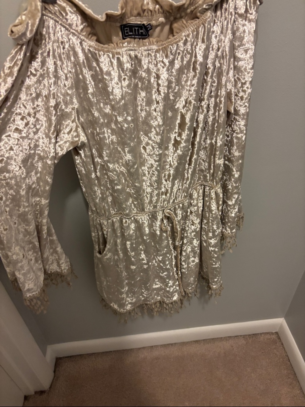 Elithe Champagne Crushed Velvet Romper (super unique piece)